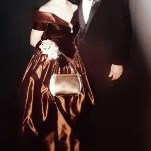 GOWN OF BROWN VELVET & IRRIDESCENT TAFFETA